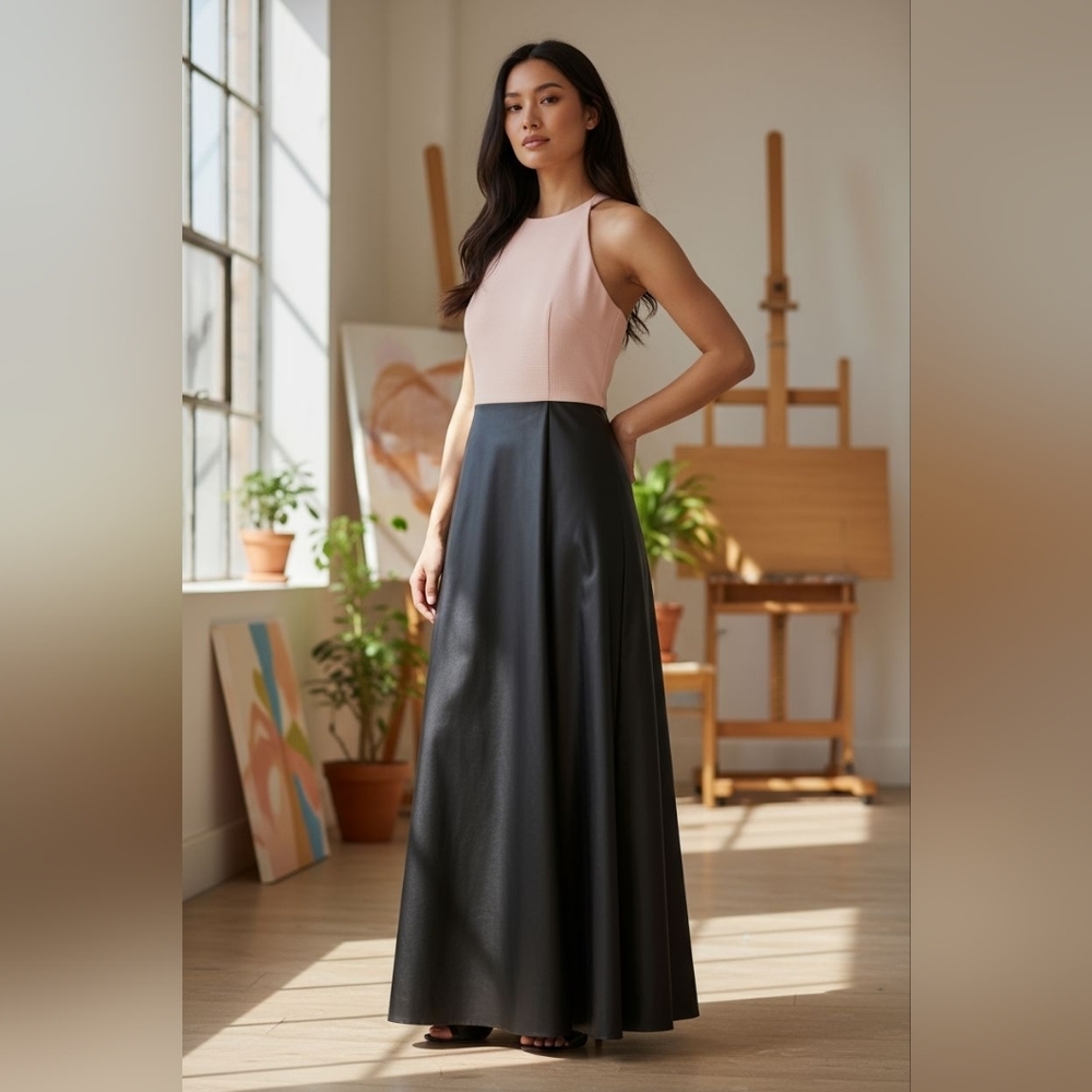 Alfred Sung satin pale pink bodice black skirt gown formal dress sz 12 evening